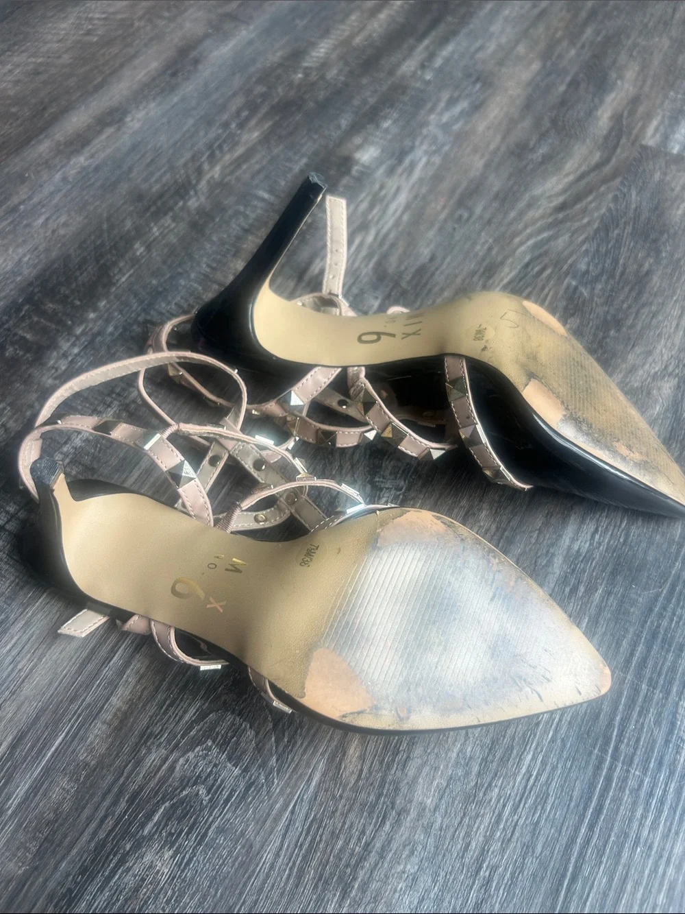 Mix No. 6 Black Patent Pointed-Toe Heels with Nude Studded Straps